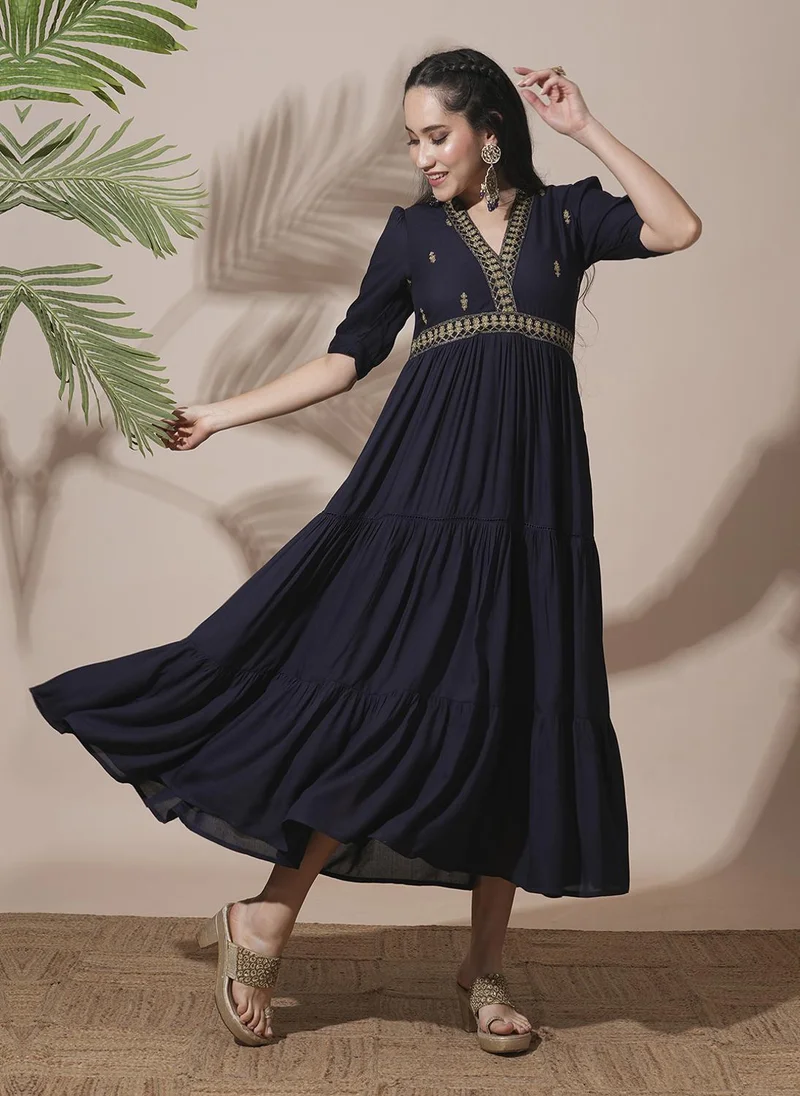 globus Globus Women Embroidered V-Neck Puff Sleeves Gathered & Tiered A-Line Midi Festive Dress